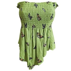 Y2K Stich & Pine Lime Green Smocked Flowy Cropped Tube Top With Butterflies
